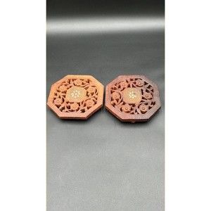 Vintage Carved Wooden Trivets with Inlay